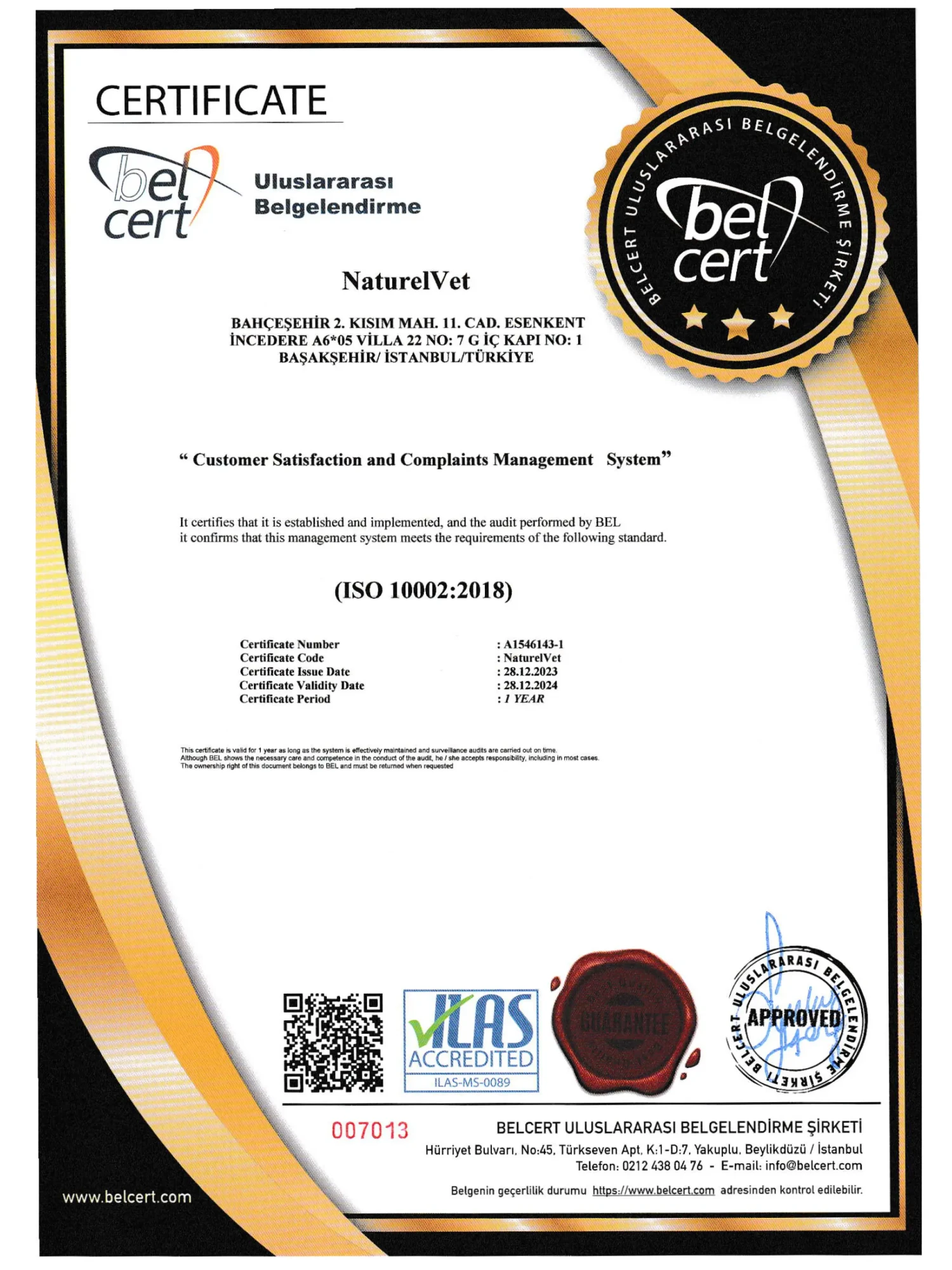Certificate ISO 10002:2018