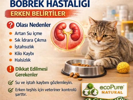 Kedilerde böbrek hastalığı belirtilerini anlatan veteriner bilgilendirme görseli