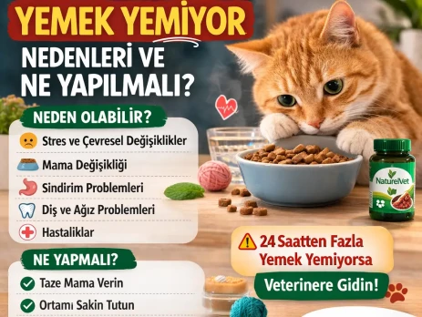 Kedilerde iştahsızlık nedenlerini ve yapılması gerekenleri anlatan bilgilendirici görsel