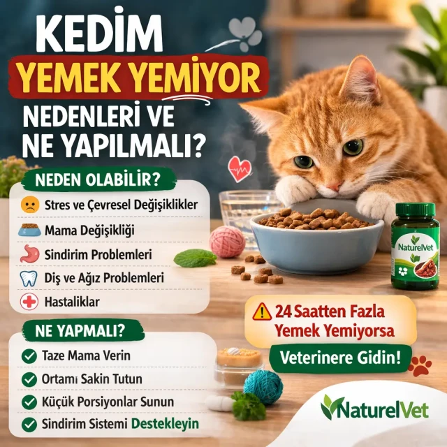 Kedilerde iştahsızlık nedenlerini ve yapılması gerekenleri anlatan bilgilendirici görsel
